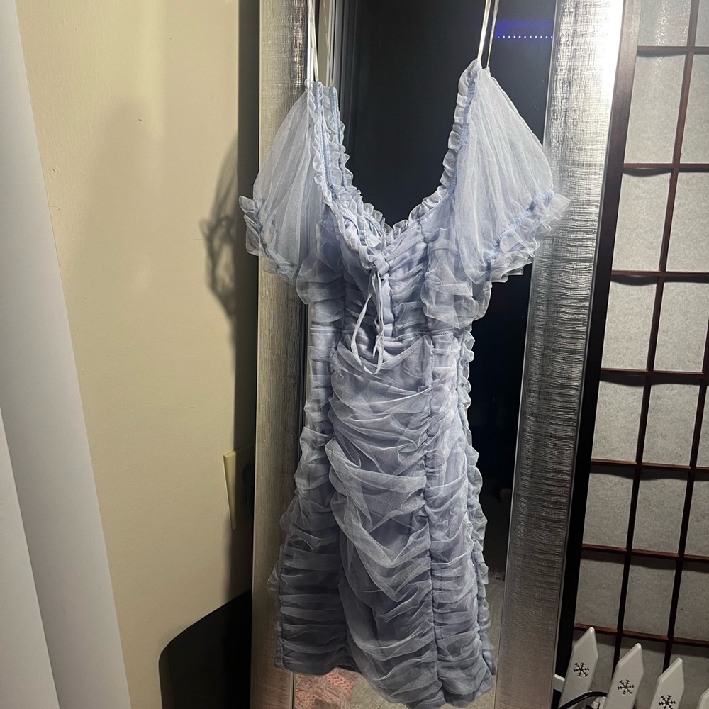 Light Blue Ruffled Mesh Mini Dress